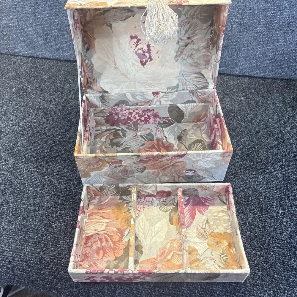 Vtg~Rounded~Floral Fabric Covered Jewelery Box with a Tassle Handle~90s/Retro